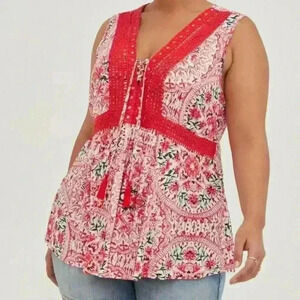 Torrid Crinkle Gauze Crochet Inset Lace Up Sleeveless Top 4 4X 26